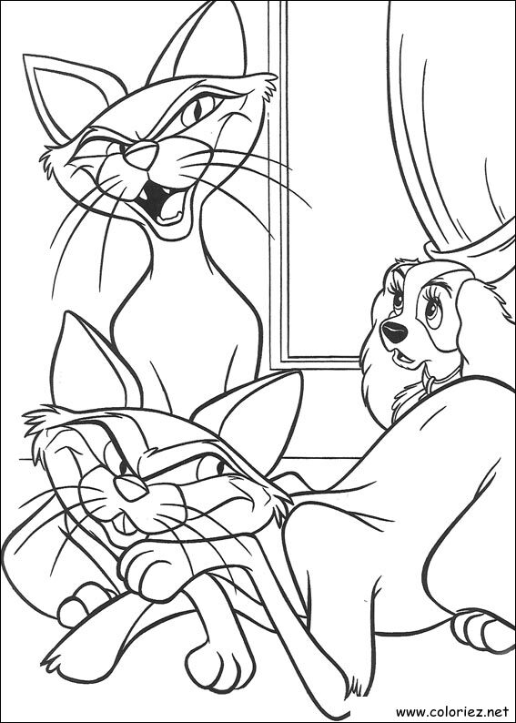 Coloriage de Les deux siamois Si et Am, avec Lady à imprimer