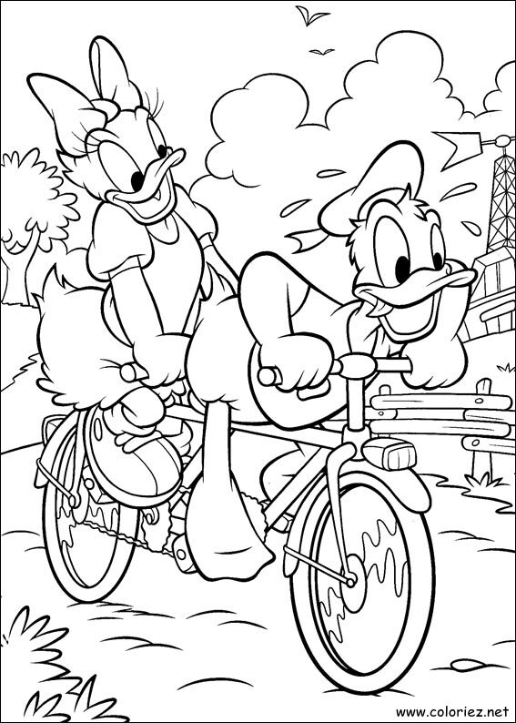 Coloriage de Sortie à vélo pour Daisy et Donald à imprimer