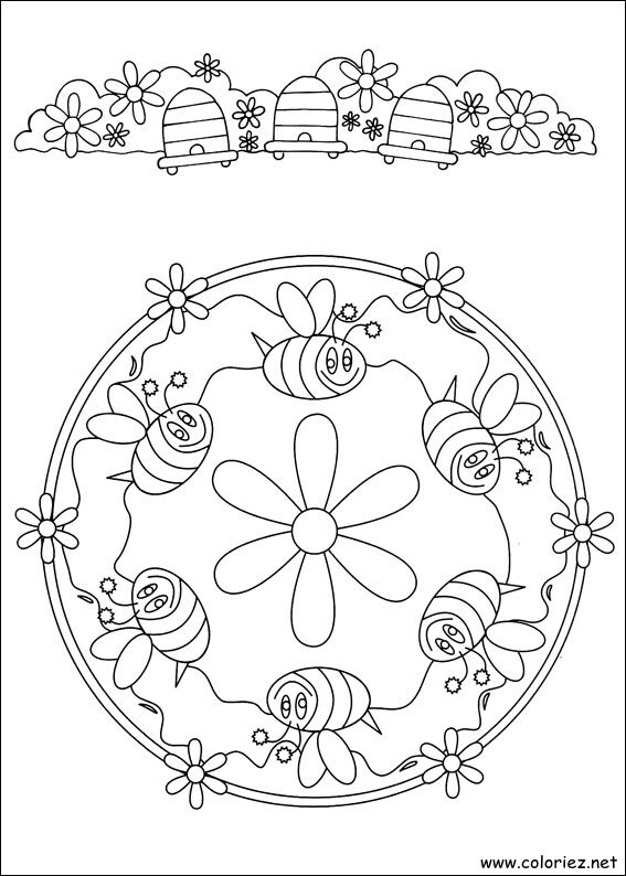 Coloriage de Mandala abeilles et ruche à imprimer